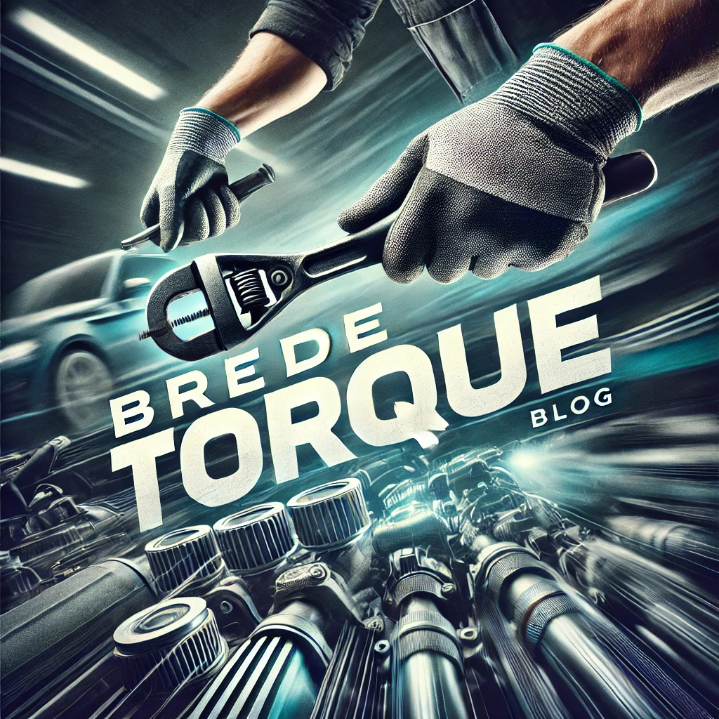 Hands wearing gloves using a wrench over a car engine with a blurred car background and 'Bre de Torque Blog' text