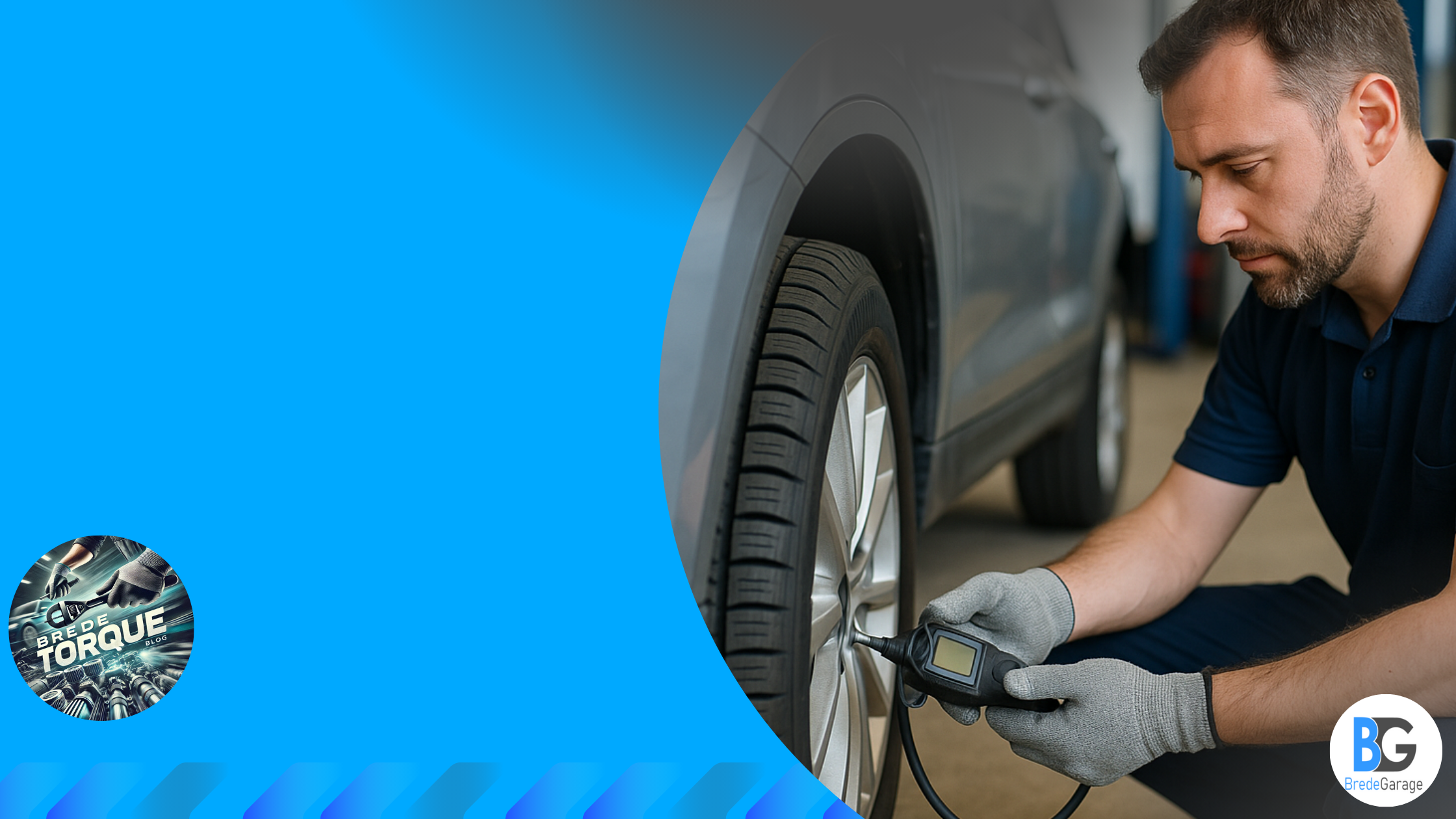 Mechanic checking car tire pressure using a digital gauge while wearing gloves in a garage