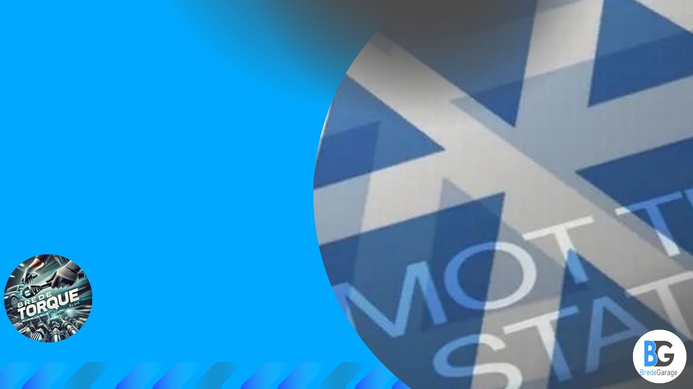 blue-themed graphic with automotive parts and Scottish flag overlay with text 'Brede Torque' and 'BredeGarage' logo