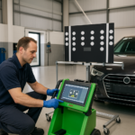 Mechanic using a touchscreen automotive headlight alignment machine in a garage next to a car and calibration target