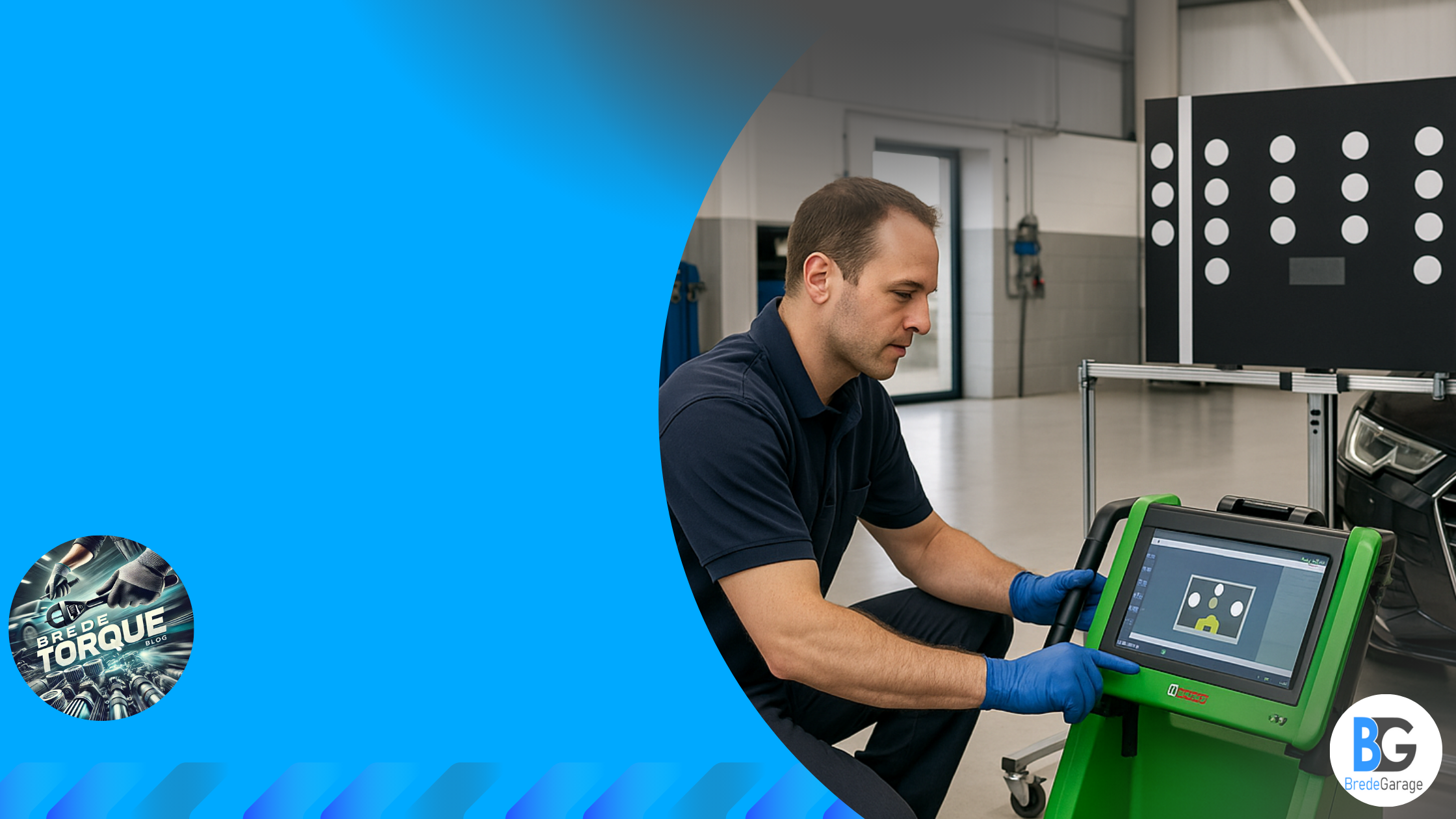 Technician in a workshop using a diagnostic machine to calibrate vehicle sensors near a black car.