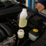 Hand wearing black glove pouring yellow brake fluid into a car's master cylinder reservoir under the hood