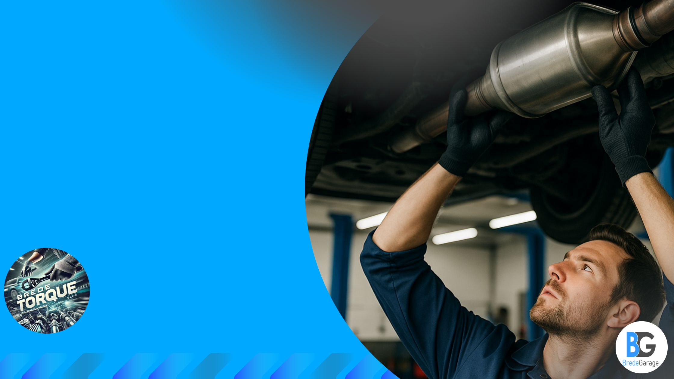 Mechanic wearing black gloves inspecting a vehicle exhaust system in a workshop