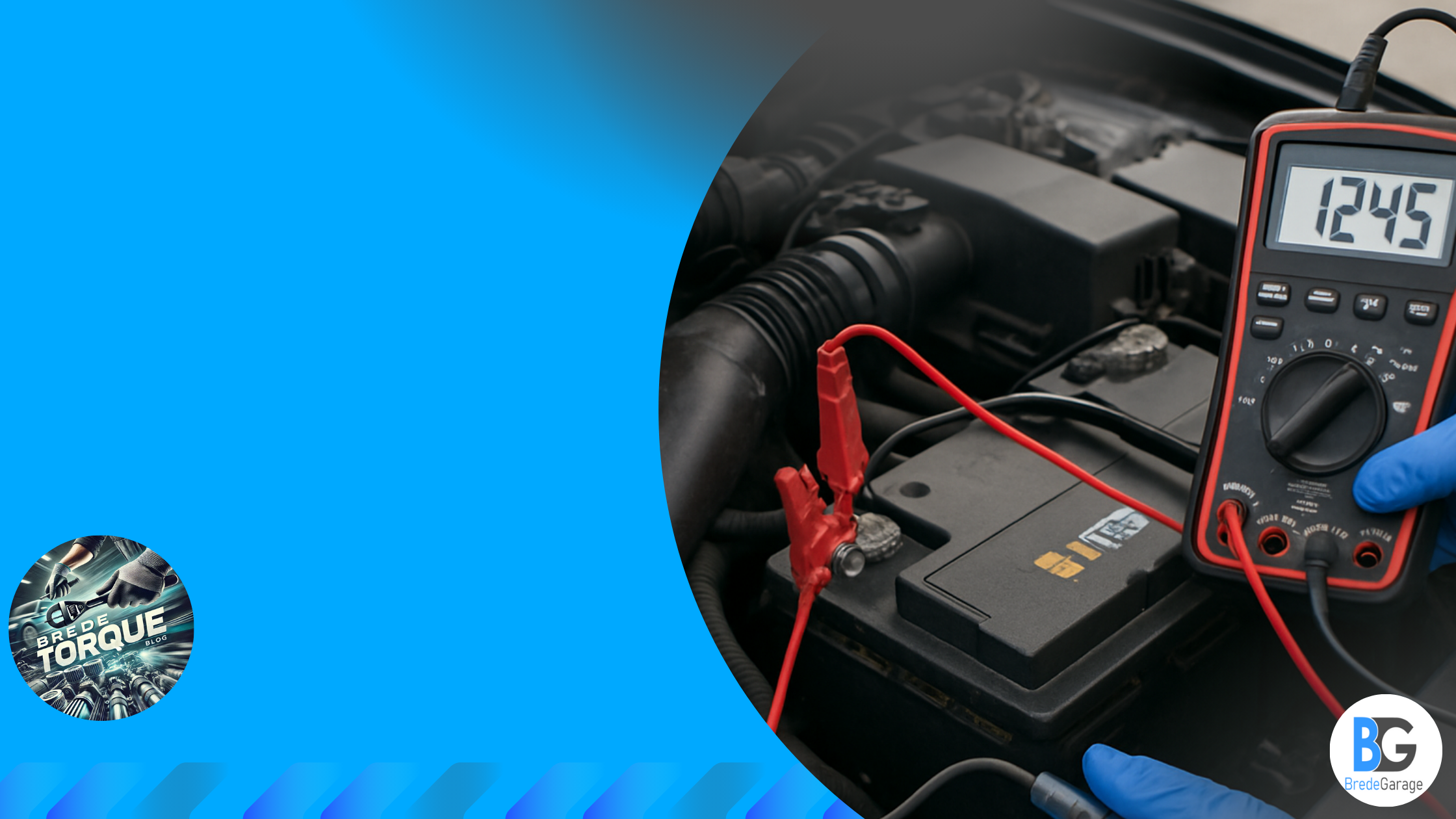 Digital multimeter measuring voltage of a car battery under the hood with red and black test leads attached