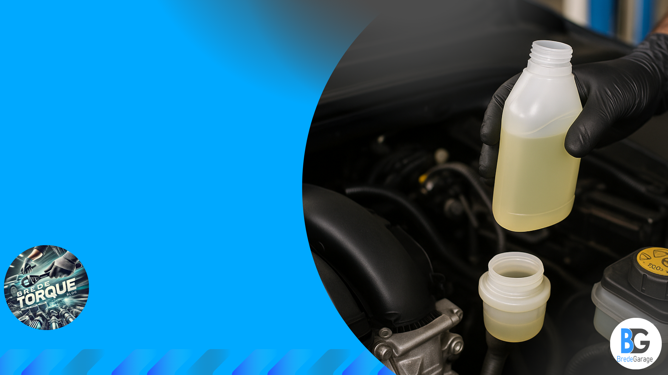 Hand with black glove pouring yellow automotive fluid into car engine reservoir